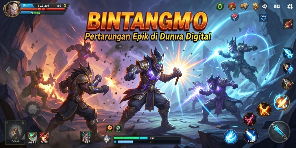 Screenshot utama BINTANGMPO menunjukkan pertarungan karakter yang menegangkan.