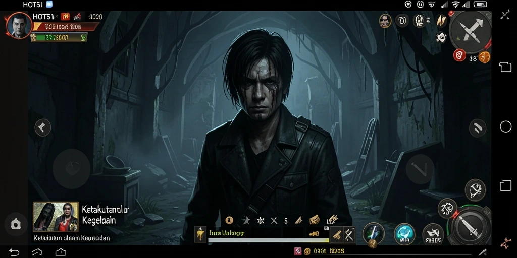 Tampilan gameplay mencekam yang penuh dengan kegelapan dan misteri.