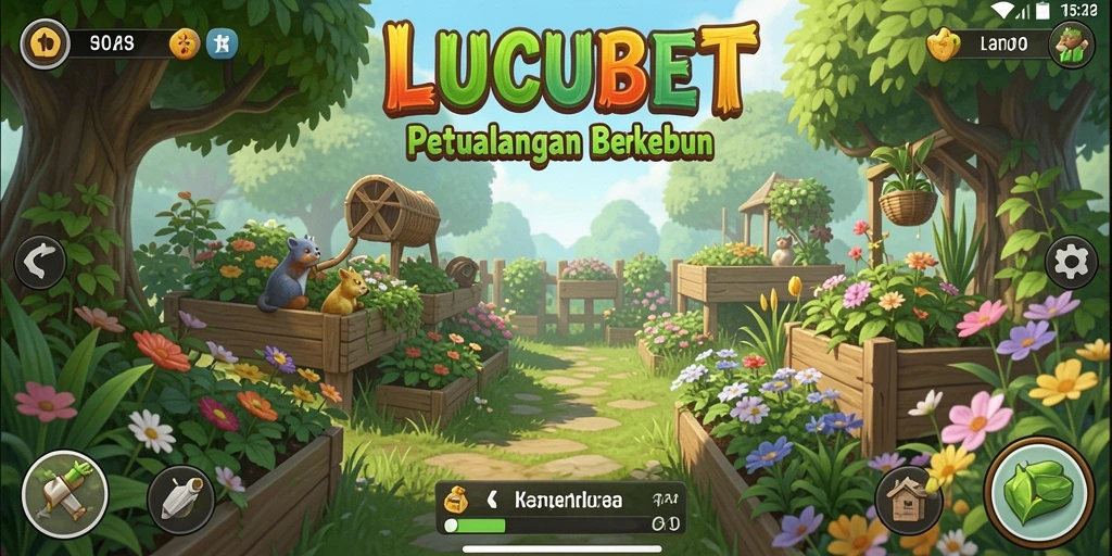 Tampilan gameplay LUCUBET yang menarik dengan kebun berwarna-warni.