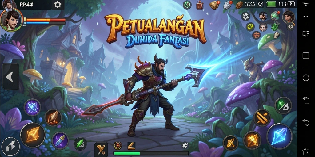 Tangkapan layar gameplay <strong>RR44</strong> yang menampilkan pertarungan epik di dunia fantasi.