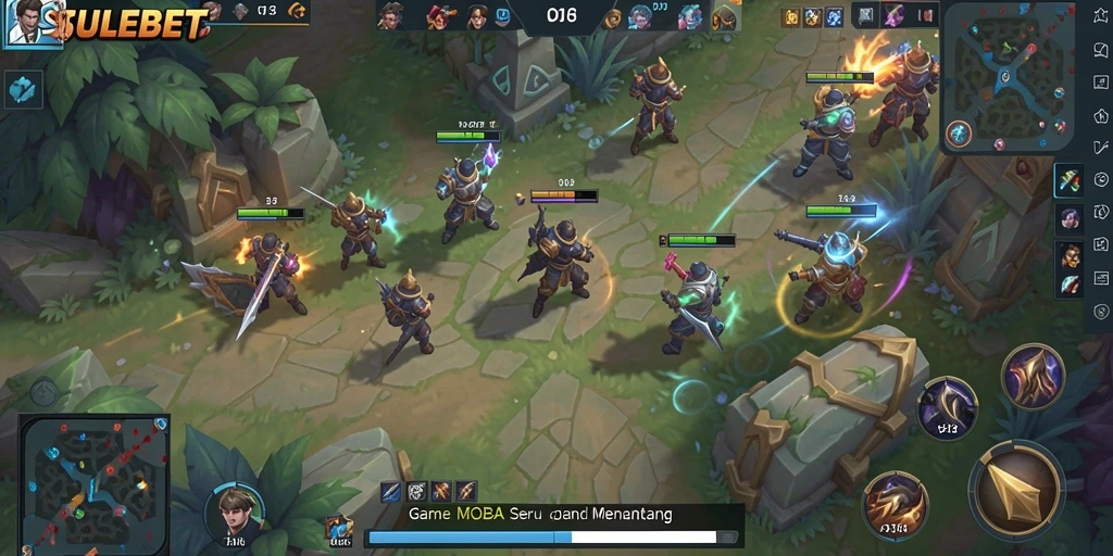 Screenshot gameplay SULEBET dengan aksi pertempuran MOBA yang intens.