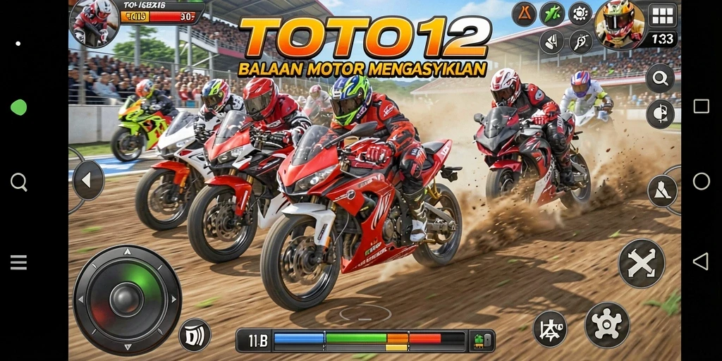 Tangkapan layar gameplay TOTO12 yang menunjukkan aksi balapan motor