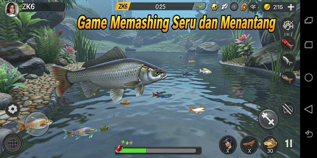 Gameplay ZK6 menampilkan berbagai lokasi memancing yang menarik.